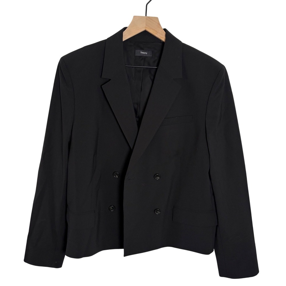 Theory Womens Black Square Double Breasted Blazer Jacket Wool Size 12
